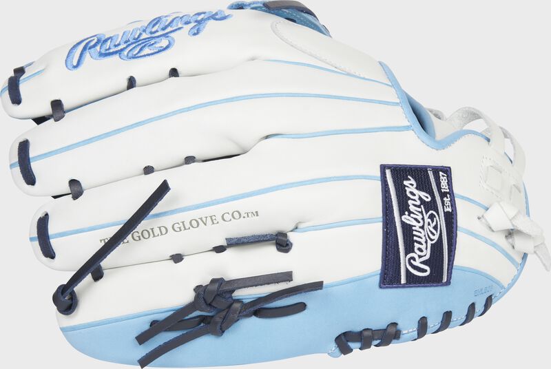 Back of a white/Columbia blue Liberty Advanced Color Series 12.75-Inch outfield glove with a navy Rawlings patch - SKU: RLA1275SB-6WCBN loading=