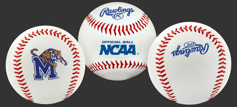 3 views of a NCAA Memphis Tigers baseball with a team logo, NCAA logo and Rawlings logo