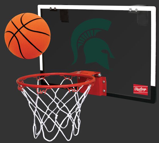 A NCAA Michigan State Spartans Game On hoop set with a rubber ball and team logo printed on the backboard SKU #00673038111