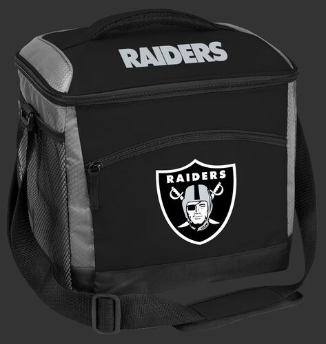 A black Las Vegas Raiders 24 can soft sided cooler with screen printed team logos - SKU: 10211072111
