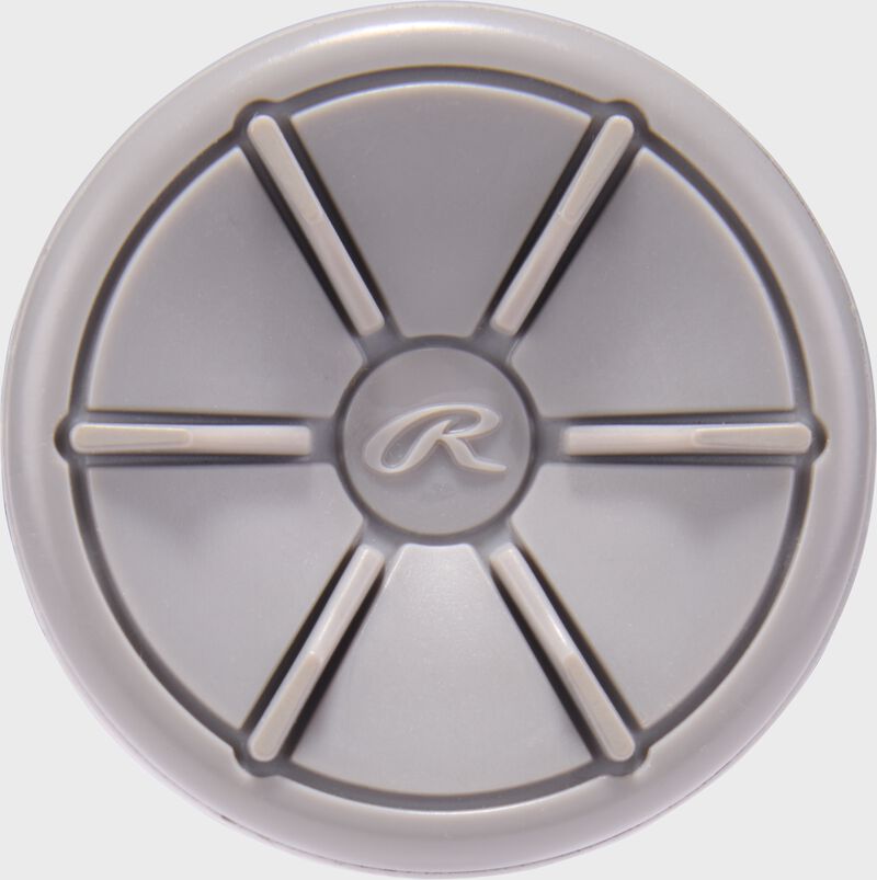 Gray end cap of a Rawlings Mantra Reverse Alo Edition fastpitch softball bat