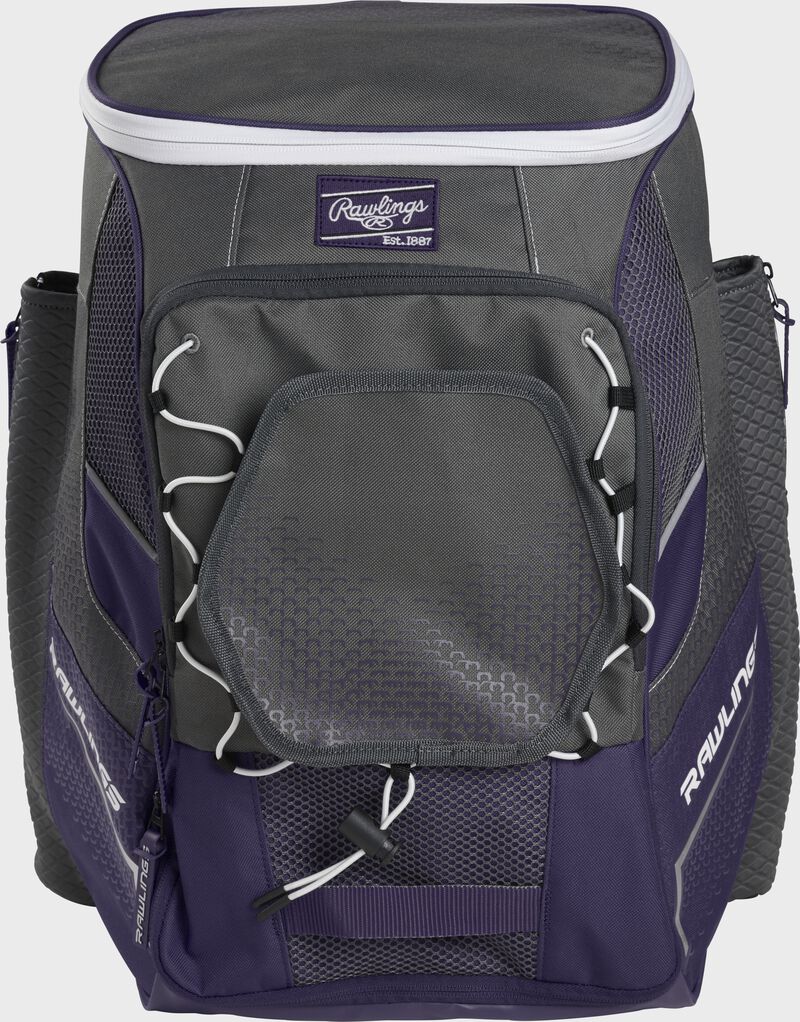 Front of a purple Impulse baseball backpack with a gray front pocket - SKU: IMPLSE-PU