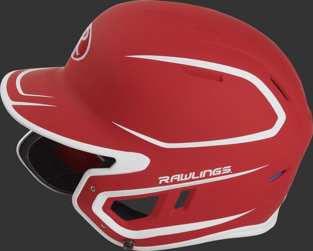 Left side of a MACHEXTR senior Rawlings batting helmet with a two-tone matte scarlet/white shell