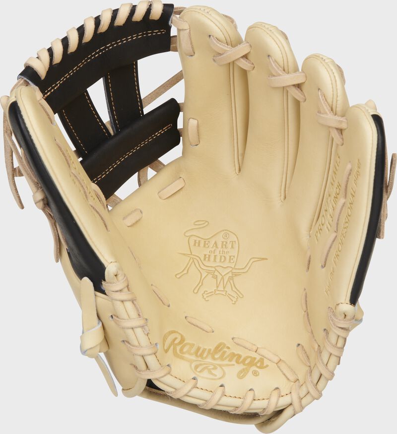 Camel palm of a Rawlings Manny Machado Heart of the Hide glove with camel laces - SKU: RSGPRONP5-MM13