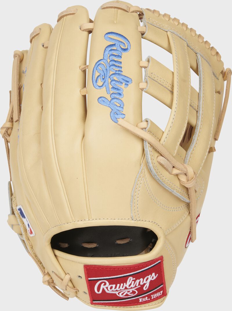 Back of a camel Heart of the Hide 13" H-web glove with a red Rawlings patch - SKU: PROBH3C