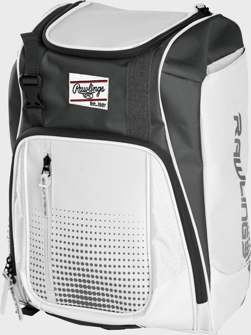 Front angle of a white Franchise backpack with gray accents and white Rawlings patch logo - SKU: FRANBP-W