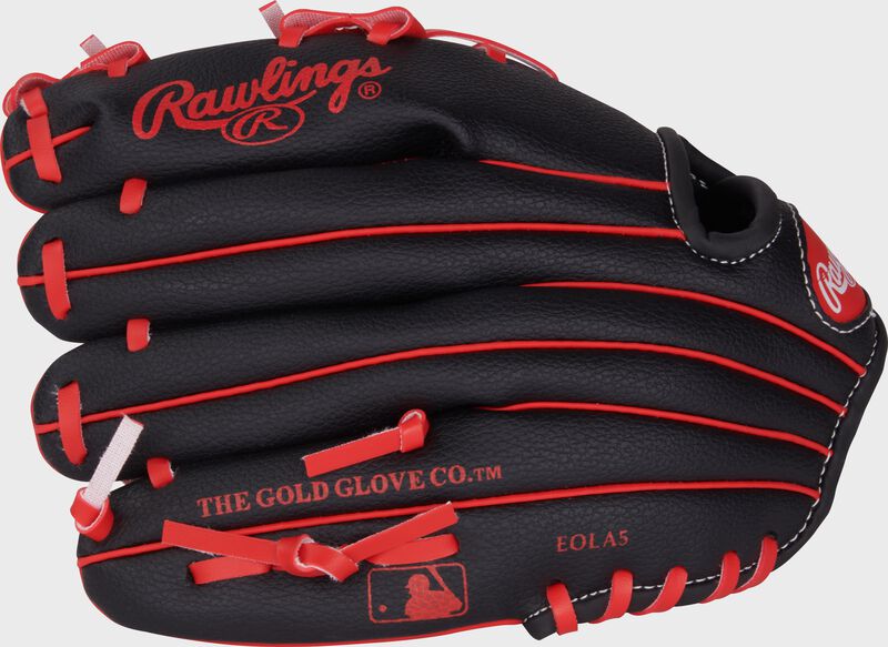 Back of a black Players Series 10" youth glove with the MLB logo on the pinky