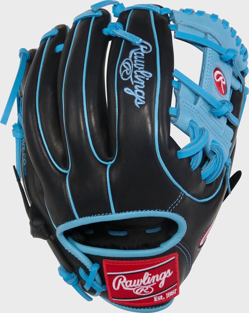 Black back of a R9 Series 11.5-Inch Infield Glove with a red Rawlings patch