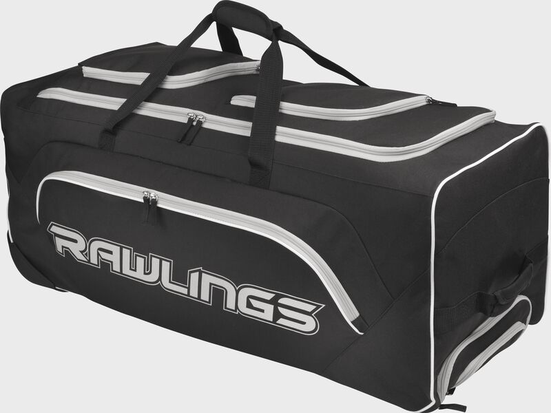 A black YADIWCB-B catcher's equipment bag with a Rawlings logo on the side pocket and gray zippers