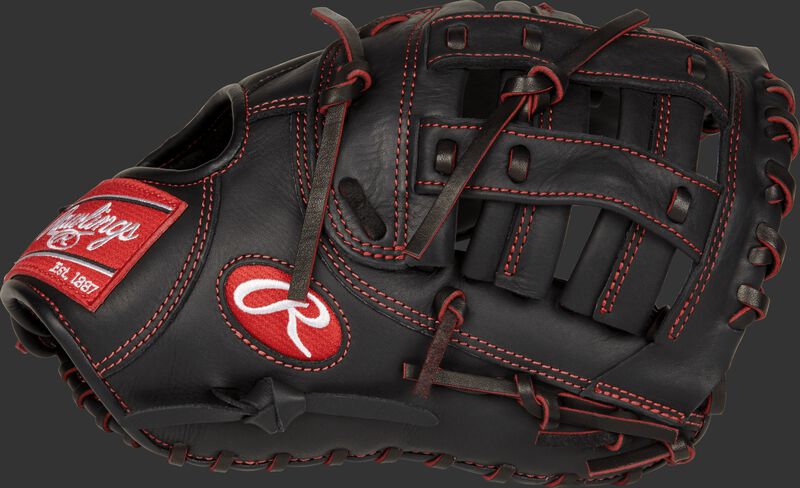 Thumb view of a black R9YPTFM16B R9 Series 12-inch youth first base mitt with a black Modified H web
