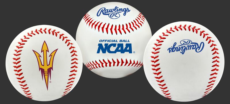 3 views of a NCAA Arizona State Sun Devils Baseball with a team logo, NCAA logo and Rawlings logo
