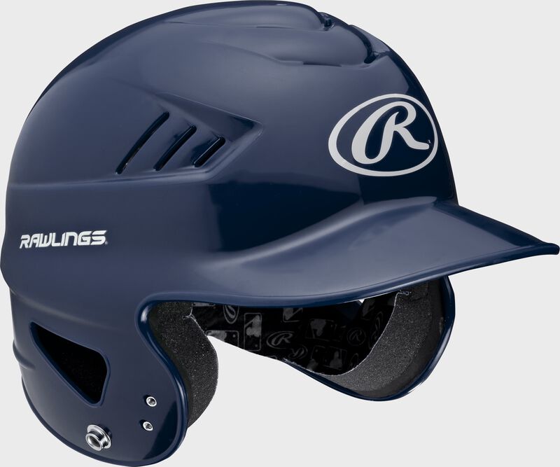 Right anlge of a navy RCFTB Rawlings t-ball helmet with Coolflo vents