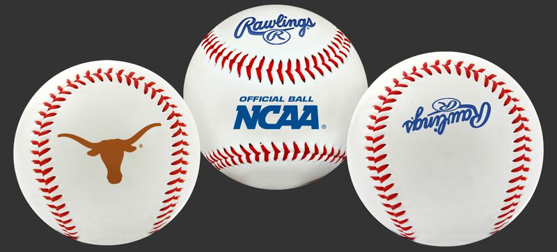 3 views of a NCAA Texas Longhorns baseball with a team logo, NCAA logo and Rawlings logo
