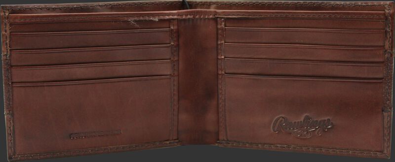 Inside of a brown RW80004-200 Rawlings bi-fold wallet with 8 credit card slots