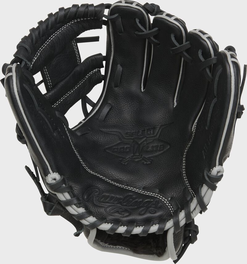 Black palm of a Rawlings Select Pro Lite Carlos Correa glove with black laces - SKU: RSPL105CC