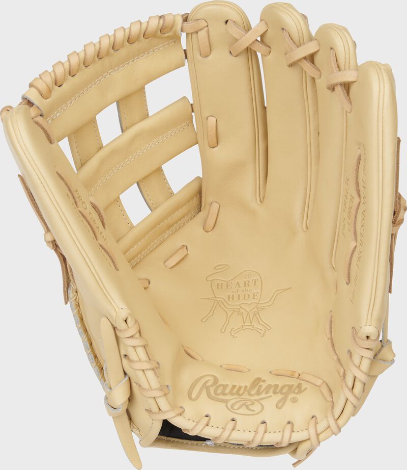 Camel palm of a Rawlings Heart of the Hide outfield glove with camel laces - SKU: PROBH3C