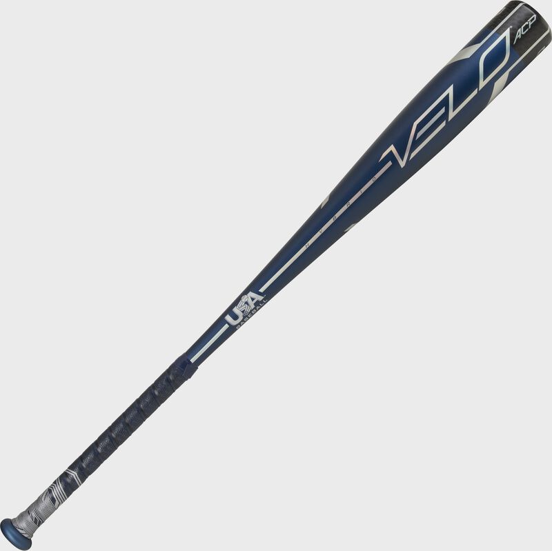 Angled view of a navy Rawlings 2021 Velo ACP USA -5 bat - SKU: US1V5