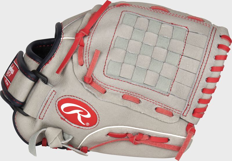 Thumb of a gray Sure Catch 11-Inch Mike Trout signature youth glove with a basket web - SKU: SC110MT