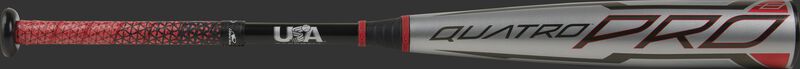 A gray 2021 -8 Quatro Pro USA bat with a red/black Lizard Skins grip - SKU: US1Q8