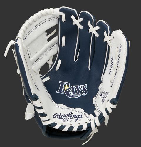 A navy/white Rawlings Tampa Bay Rays youth glove with a Rays logo on the palm - SKU: 22000009111