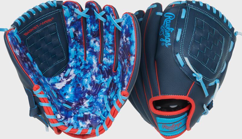 Two images showing the palm & back of a navy Rawlings Flex Palm Series 11-Inch Youth Baseball Glove loading=