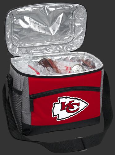 An open Kansas City Chiefs 12 can cooler filled with ice and drinks - SKU: 10111071111