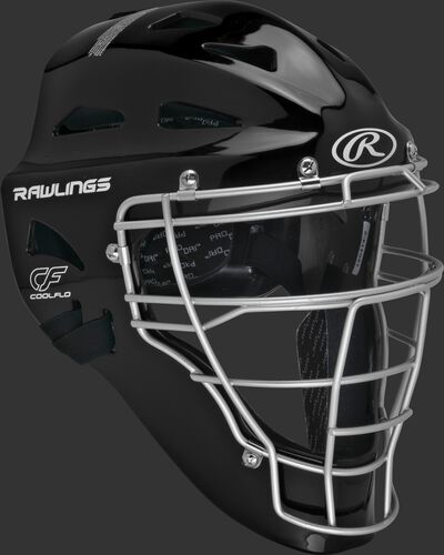 Front right of a black CHRNGD Rawlings adult Renegade catcher's helmet