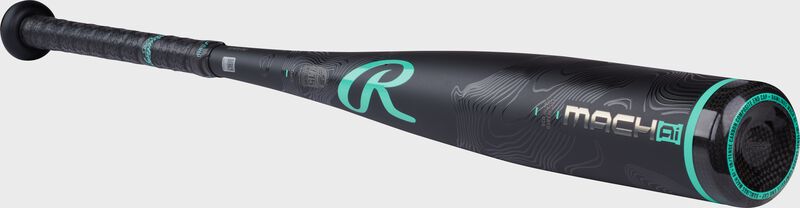 Angled view of a black Mach AI -5 USSSA baseball bat with the "R" logo above the handle