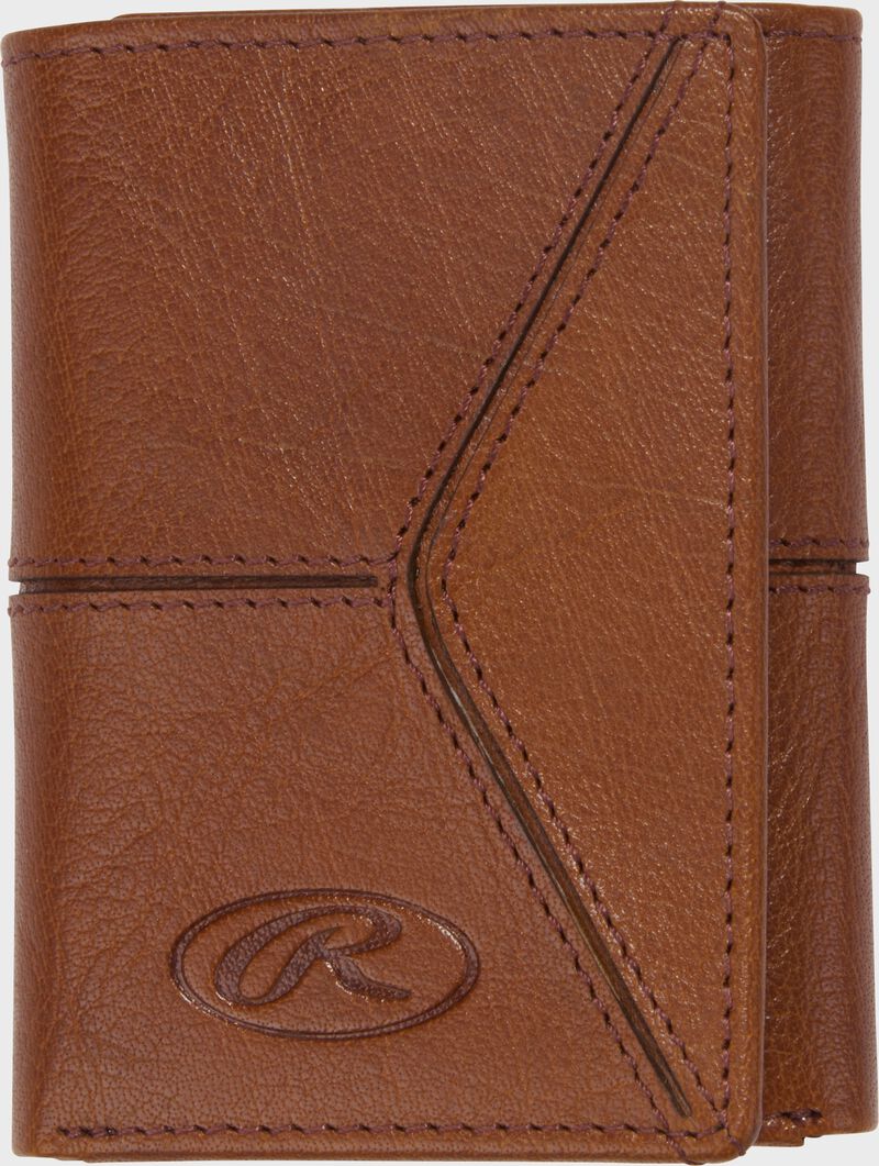 Main side of a tan Rawlings Home Run Tri-Fold wallet
