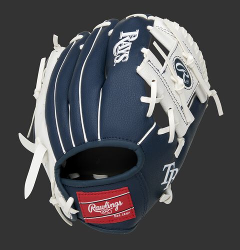 Back of a navy/white Tampa Bay Rays 10-Inch I-web glove with a red Rawlings patch - SKU: 22000009111