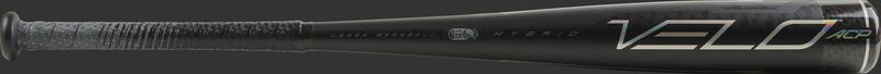 Barrel of a black UTZV5 2020 Velo ACP USSSA bat with silver logos and accents