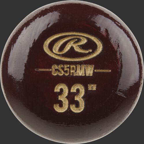 Wine red knob of a Rawlings Big Stick Elite Maple bat with an engraved Oval-R and 33" size - SKU: CS5RMW
