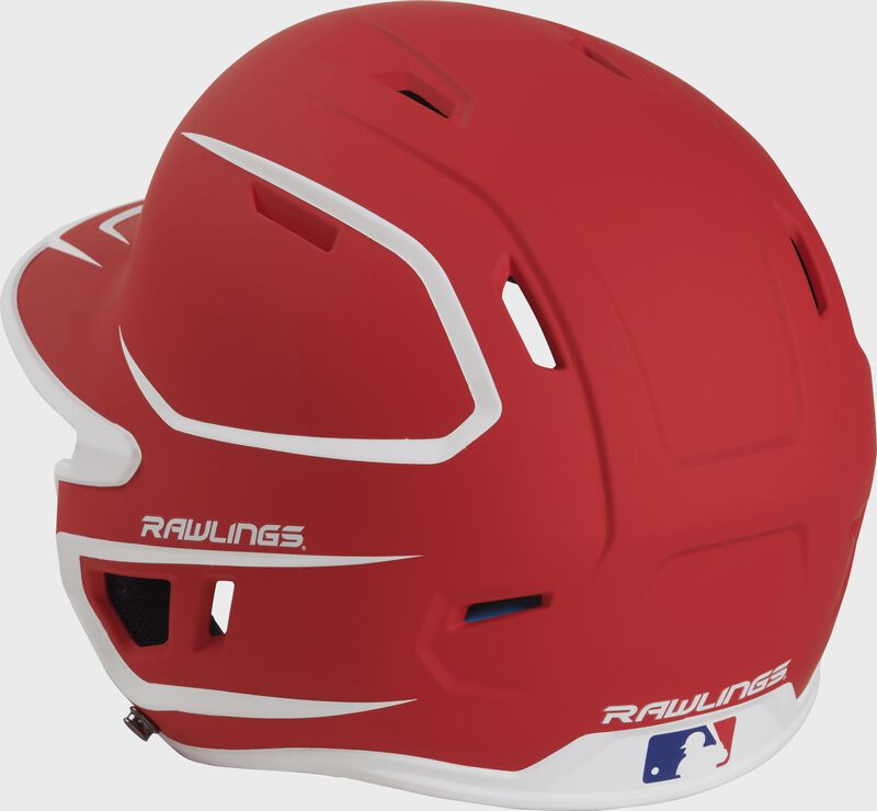 Back left view of a matte scarlet/white MACHEXTR MACH series two-tone batting helmet with air vents