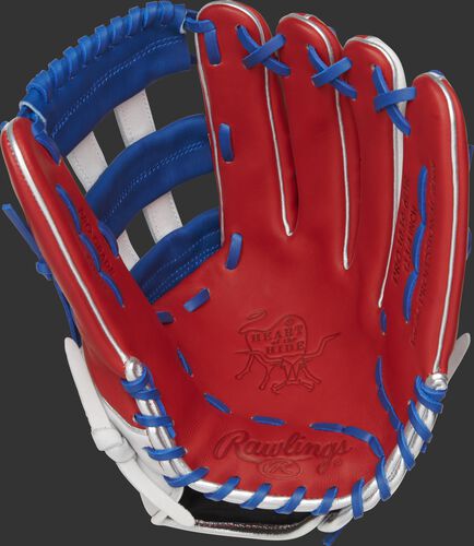 PRO3039-6DR Rawlings Heart of the Hide Dominican Republic outfield glove with a scarlet palm, white/royal web and royal laces