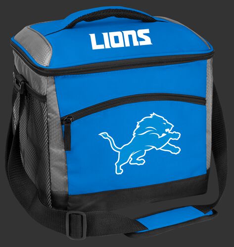 A blue Detroit Lions 24 can soft sided cooler with screen printed team logos - SKU: 10211067111