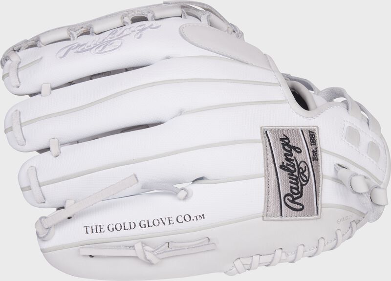 Back of a white Liberty Advanced Color Series 12-Inch glove with a silver Rawlings patch - SKU: RLA120-3WSS loading=