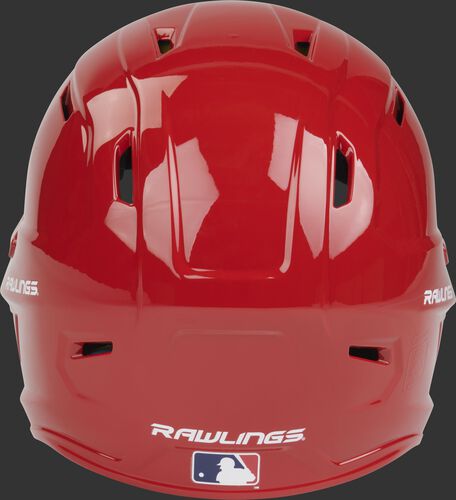 Back of a scarlet MACH high performance junior helmet with the Official Batting Helmet of MLB logo