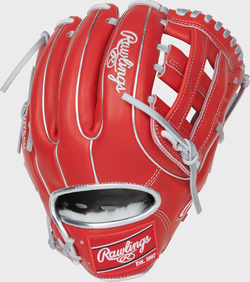 Back of a scarlet Carlos Correa Pro Preferred 11.75-Inch Infield Glove with a red Rawlings patch