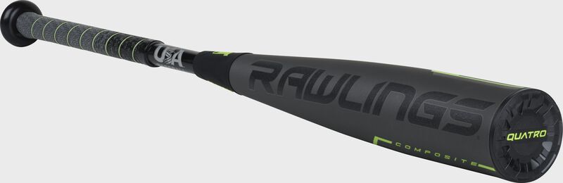 3/4 angle view of a US9Q10 Rawlings USA Quatro Pro bat with a grey/black barrel and grey/black grip
