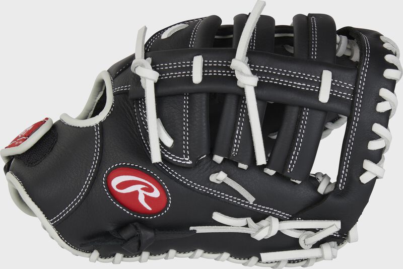 Thumb of a Shut Out 12" fastpitch first base mitt with a black single post double bar web - SKU: RSOFBM12 loading=