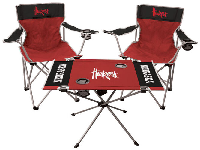 Front of Rawlings Black and Scarlet NCAA Nebraska Cornhuskers 3-Piece Tailgate Kit With Two Kickoff Chairs, An Endzone Table, And A Transport Bag With Team Logo SKU #00993089511