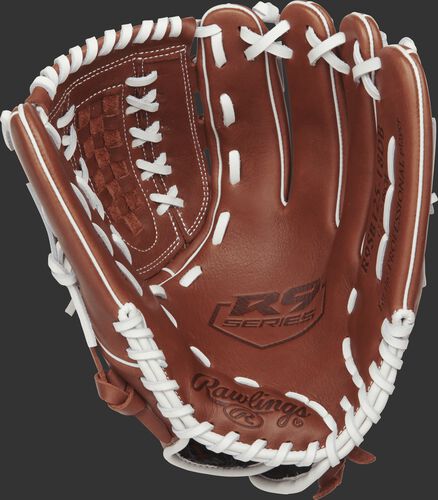R9SB125-18DB Rawlings 12.5-inch softball glove with a brown palm and white laces