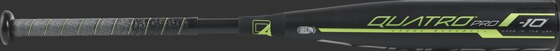 Barrel view of a UT9Q10 2019 USSSA Quatro Pro baseball bat with a black barrel and grey/black grip