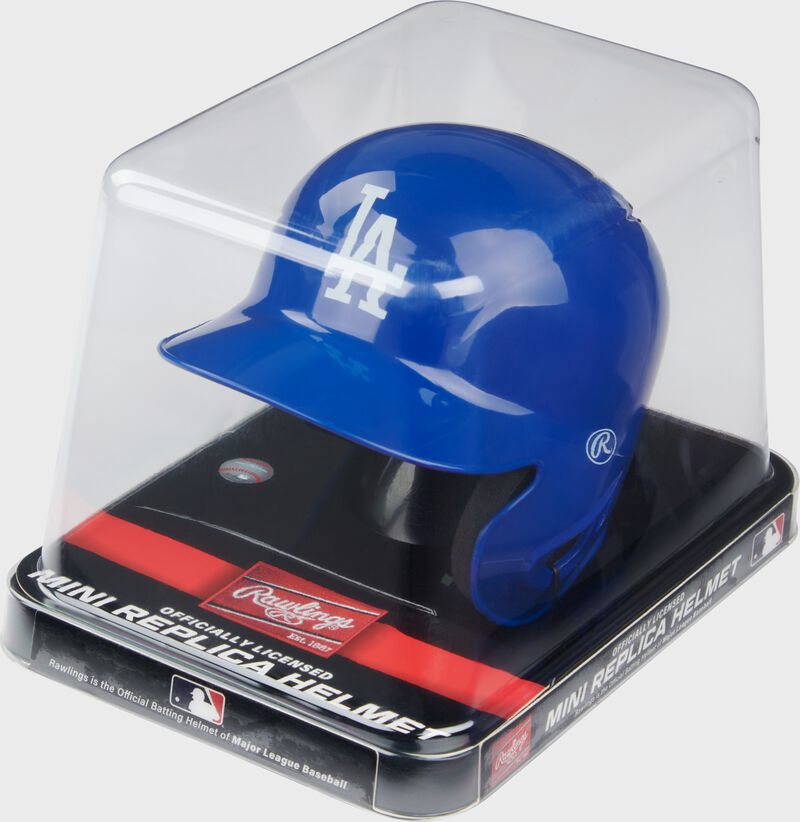 A blue Dodgers mini helmet in a clear packaging case