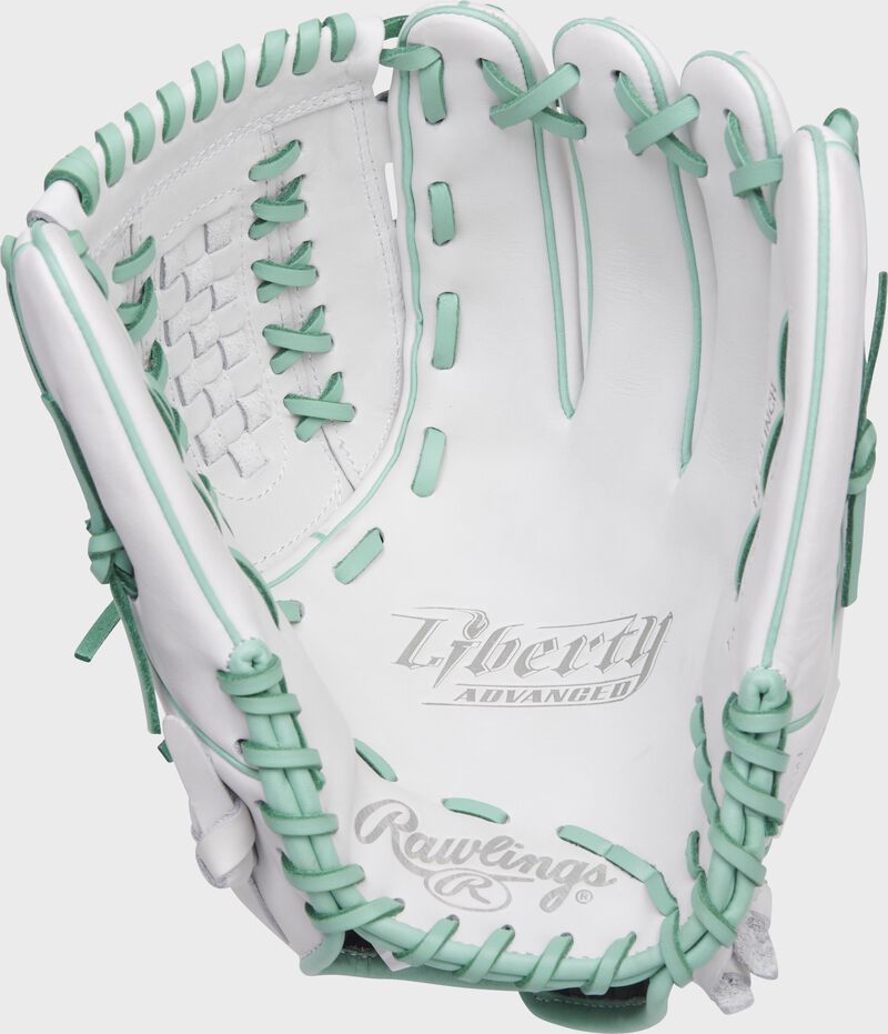 White palm of a Rawlings Liberty Advanced fastpitch glove with mint laces - SKU: RLA125-18WM