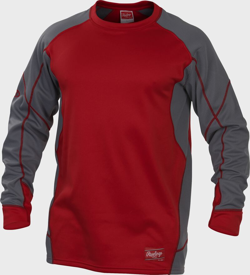 UDFP4 Dugout fleece pullover with a scarlet body, grey sleeves and scarlet stitching loading=