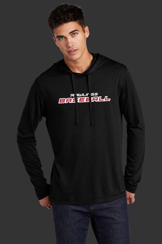 A man wearing a black lightweight Rawlings Baseball performance hoodie - SKU: RSGLH-B