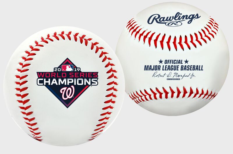 Two images of a 2019 Washington Nationals World Series Champions replica baseball with an official World Series Champions logo