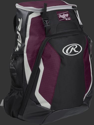 Right side of a black/maroon R500 Rawlings Players equipment backpack with white trim