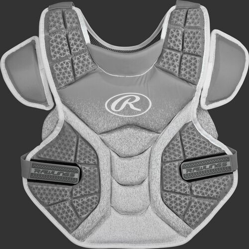 Front of a silver/white SBCPV Velo adult softball chest protector